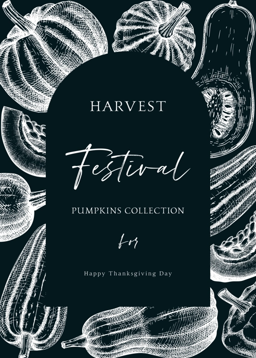Pumpkins greeting card arc design. Thanksgiving background on chalkboard. Autumn food vintage sketches. Vector vegetables, butternut squash, marrow, pumpkin sketches. Fall harvest invitation.
